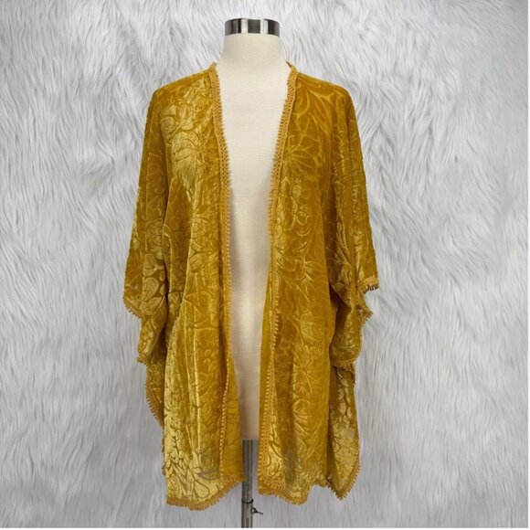 Natural Life Burnout Velvet Open Kimono Top Golden Yellow Boho Fairy Festival - Picture 2 of 14